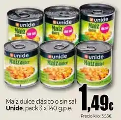 Unide Market Unide - maiz dulce clasico o sin sal, pack 3 x 140 g.p.e oferta