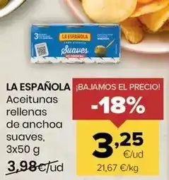 Autoservicios Familia La española - aceitunas rellenas de anchoa suaves oferta