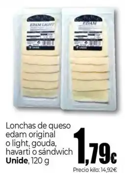 Unide Market UNIDE Lonchas de queso edam original o light, gouda, havarti o sándwich oferta