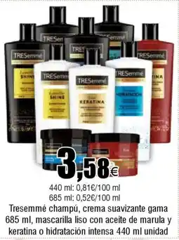 FROIZ TRESEMME champú, crema suavizante gama mascarilla liso con aceite de marula y keratina o hidratación intensa oferta