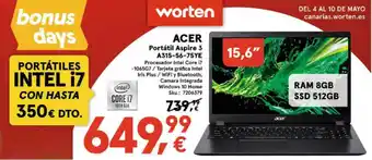 Worten Acer Portátil Aspire 3 A315-56-75YE Ríomhaire Glúine oferta