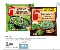 Supermercados Plaza FINDUS Espinacas a la crema tradicionales para microondas y sartén o con pasas y piñones oferta