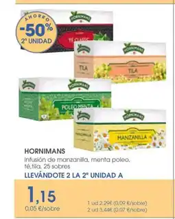 Supermercados Plaza HORNIMANS Infusión de manzanilla, menta poleo, té,tila, 25 sobres oferta