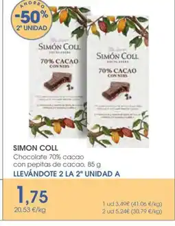 Supermercados Plaza SIMON COLL Chocolate 70% cacao con pepitas de cacao oferta