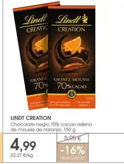 Supermercados Plaza LINDT CREATION Chocolate negro 70% cacao relleno de mousse de naranja oferta