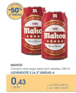 Supermercados Plaza MAHOU Cerveza rubia lager especial 5 estrellas oferta