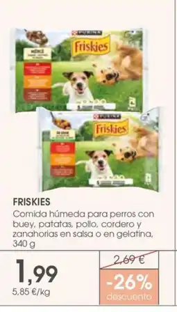 Supermercados Plaza FRISKIES Comida húmeda para perros con buey, patatas, pollo, cordero y zanahorias en salsa o en gelatina oferta