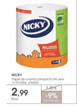 Supermercados Plaza NICKY Papel de cocina compacto mil usos 1-10 rollos, unidad oferta