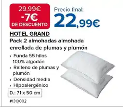 Costco HOTEL GRAND Pack 2 almohadas almohada enrollada de plumas y plumón oferta