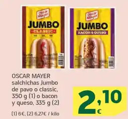 HiperDino OSCAR MAYER salchichas Jumbo de pavo o classic o bacon y queso oferta