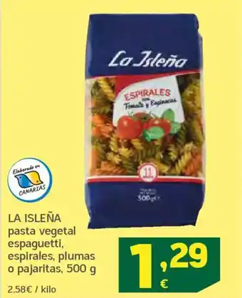 HiperDino LA ISLEÑA pasta vegetal espaguetti, espirales, plumas o pajaritas oferta