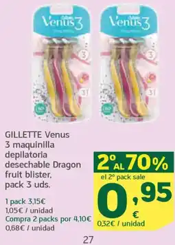 HiperDino GILLETTE Venus 3 maquinilla depilatoria desechable Dragon fruit blister, oferta