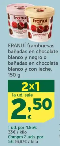 HiperDino FRANUÍ frambuesas bañadas en chocolate blanco y negro o bañadas en chocolate blanco y con leche, oferta