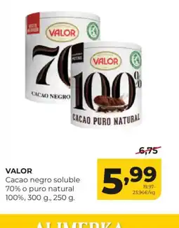Alimerka VALOR Cacao negro soluble 70% o puro natural 100% oferta