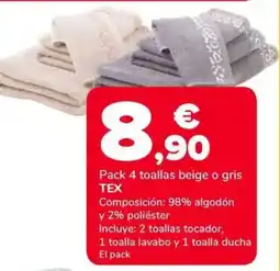 Supeco TEX Pack 4 toallas beige o gris oferta