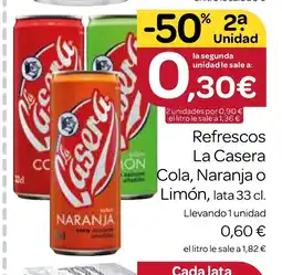 Supermercados El Jamón Refrescos La Casera Cola, Naranja o Limón, lata oferta