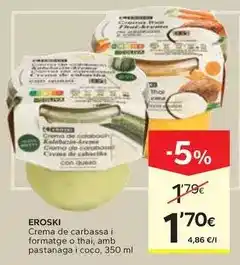 Caprabo Eroski - crema de carbassa i formatge o thai, amb pastanaga i coco oferta