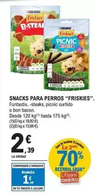 E.Leclerc Purina - snacks para perros friskies. funtastix, -steaks, picnic surtido o bon bacon oferta