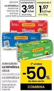 Eroski La española - aceitunas rellenas de anchoa, pack 3 x 50 g oferta