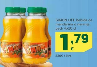 HiperDino Simon life bebida de mandarina o naranja oferta