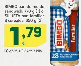 HiperDino Bimbo pan de molde sándwich, o silueta pan familiar 8 cereales oferta