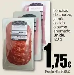 Unide Supermercados Unide - lonchas de chorizo, jamón cocido o bacon ahumado oferta