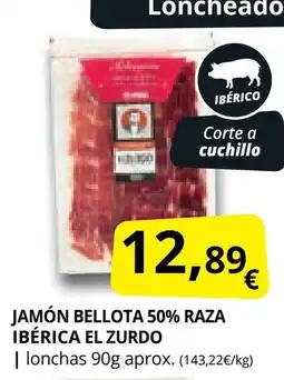 Supermercados MAS EL ZURDO Jamón bellota 50% raza ibérica oferta
