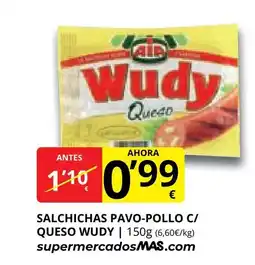 Supermercados MAS WUDY Salchichas pavo-pollo c/ queso oferta