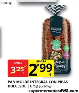 Supermercados MAS DULCESOL Pan molde integral con pipas oferta