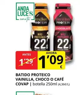 Supermercados MAS COVAP Batido proteico vainilla, choco o café oferta