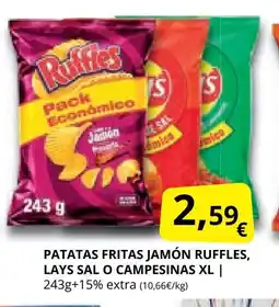 Supermercados MAS Patatas fritas jamón ruffles, lays sal o campesinas xl oferta