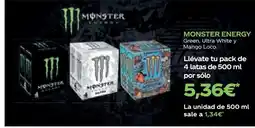 Supermercados MAS MONSTER ENERGY Green, Ultra White y Mango Loco. oferta