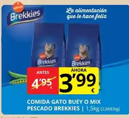 Supermercados MAS BREKKIES Comida gato buey o mix pescado oferta