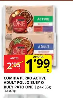 Supermercados MAS ONE Comida perro active adult pollo buey o buey pato oferta