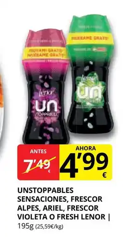 Supermercados MAS LENOR Unstoppables sensaciones, frescor alpes, ariel, frescor violeta o fresh oferta