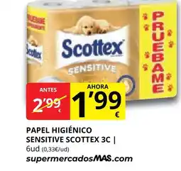 Supermercados MAS SCOTTEX Papel higiénico sensitive oferta