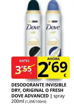 Supermercados MAS DOVE ADVANCED Desodorante invisible dry, original o fresh oferta