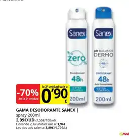 Supermercados MAS SANEX Gama desodorante oferta