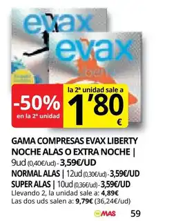 Supermercados MAS Gama compresas evax liberty noche alas o extra noche oferta