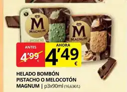 Supermercados MAS MAGNUM Helado bombón pistacho o melocotón oferta