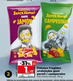 Dia DIA SNACK MANIAC Patates fregides ondulades gust pernil / camperoles oferta