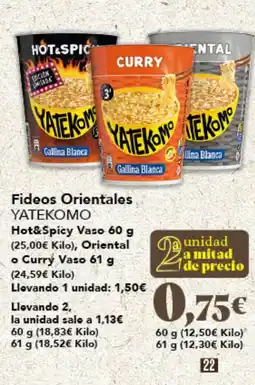 Gadis YATEKOMO Fideos Orientales Hot&Spicy Vaso o curry Vaso oferta