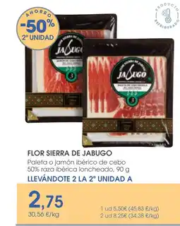 Supermercados Plaza FLOR SIERRA DE JABUGO Paleta o jamón ibérico de cebo 50% raza ibérica loncheado oferta