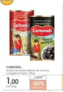 Supermercados Plaza CARBONELL Aceitunas verdes rellenas de anchoa o negras sin hueso oferta