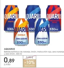 Supermercados Plaza AQUARIUS Bebida isotónica de naranja, limón, melocotón rojo, zero naranja y zero limón oferta