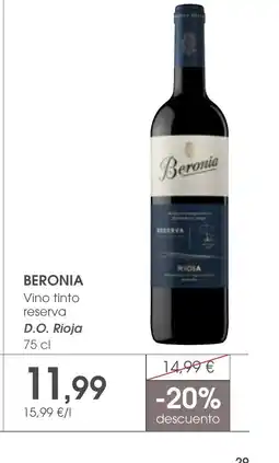 Supermercados Plaza BERONIA Vino tinto reserva D.O. Rioja oferta