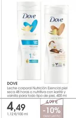 Supermercados Plaza DOVE Leche corporal Nutrición Esencial piel seca 48 horas o nutritiva con karité y vainilla para todo tipo de piel oferta