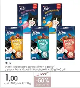 Supermercados Plaza FELIX Snack liquido para gatos salmón o pollo o snack Party Mix distintos sabore oferta