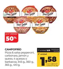 Alimerka CAMPOFRÍO Pizza & salsa pepperoni, carbonara, jamón y queso, 4 quesos o barbacoa oferta