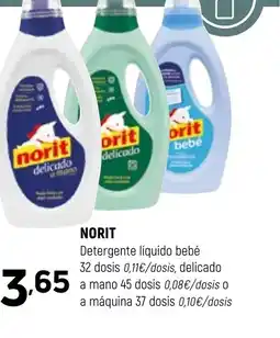 Coviran NORIT Detergente líquido bebé 32 dosis delicado a mano 45 dosis a máquina 37 dosis oferta